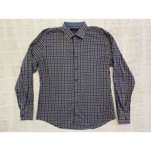 Bugatchi Mens Shaped Fit Long Sleeve Button Down Shirt Blue Brown Plaid Large